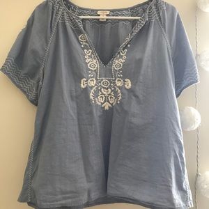 J. Crew Size M Blue Cotton White Embroidery Blouse